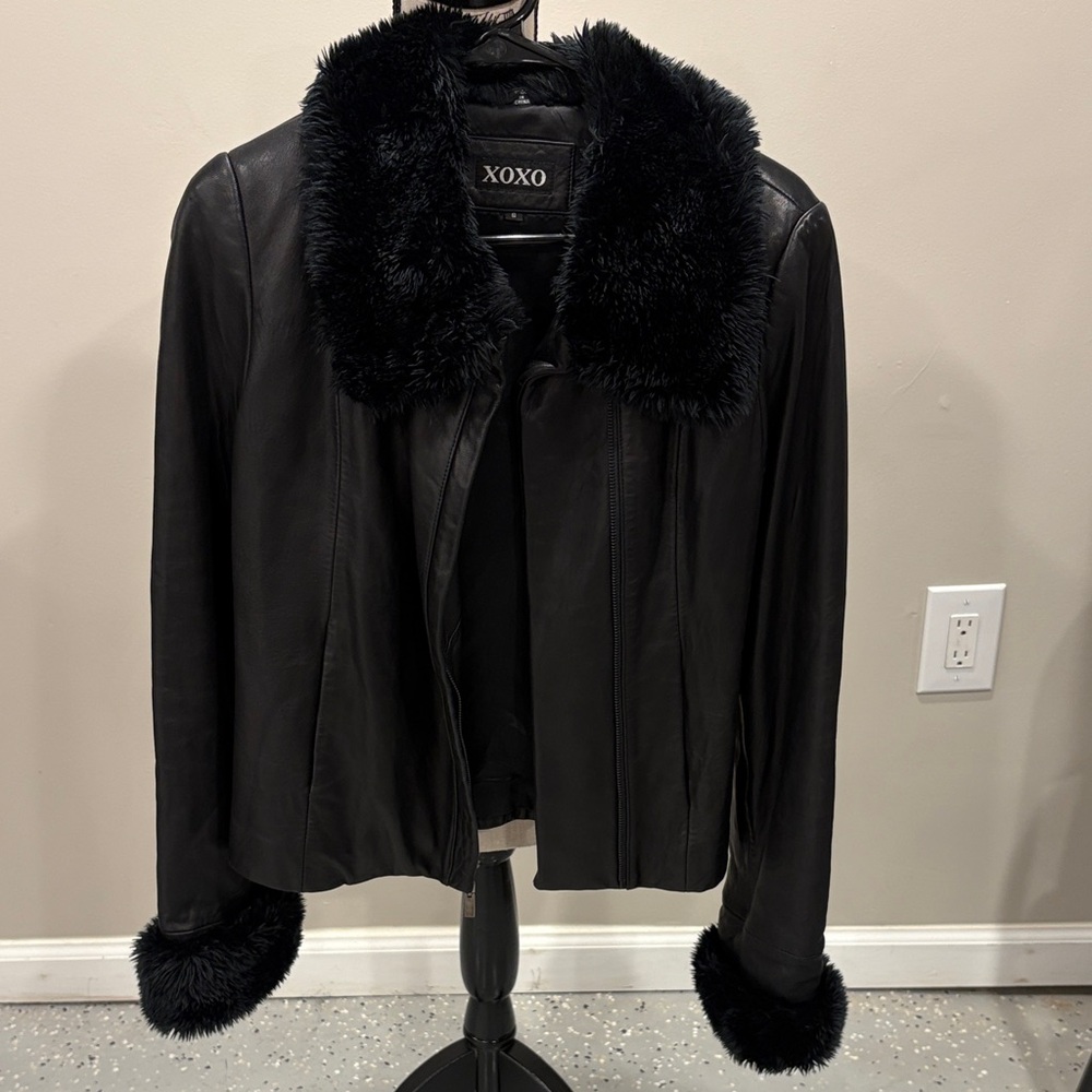 XOXO Women's Black Leather Jacket with Faux Fur Trim NWOT